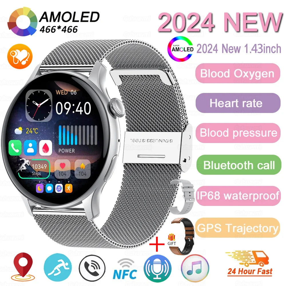2024 New GPS Smart Watch Women True AMOLED 466*466 HD Screen Health Tracker Sports NFC Voice Bluetooth Call Smartwatches Ladies