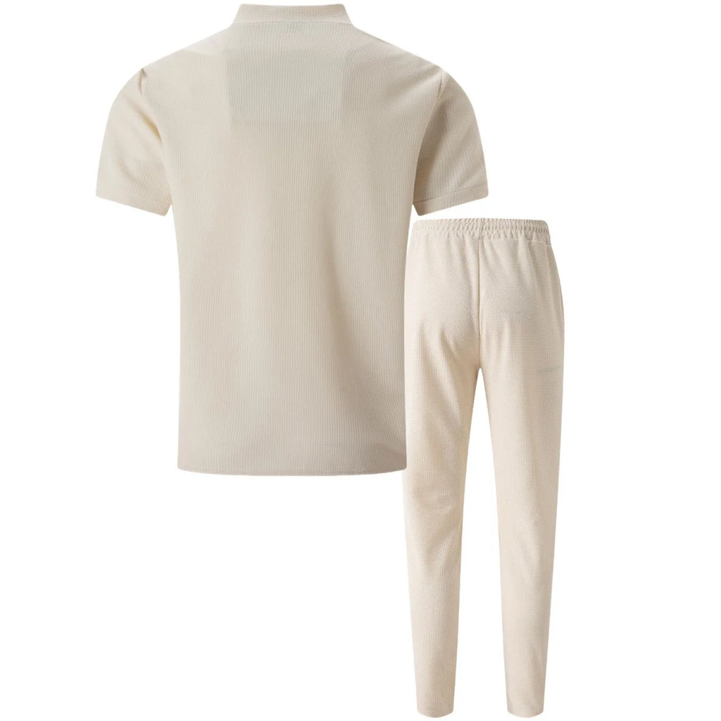 2025 Men's new waffle collar small zipper solid color polo shirt top men's T-shirt short sleeve trousers two sets - Clikcy