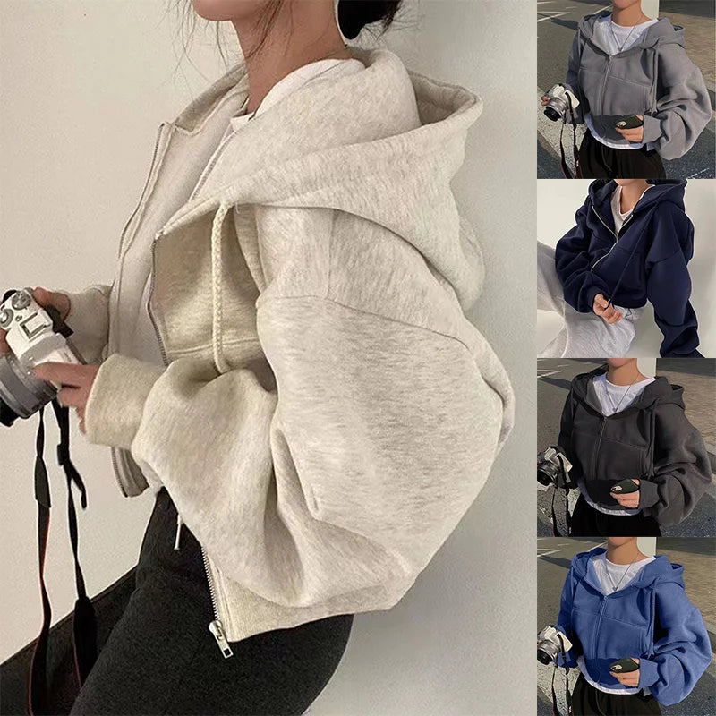 2024 Spring Autumn New Insfleece-lined Versatile Cropped Slims Smooths Silhouette Zip-up Warm Navy Blue Hooded Sweatshirt Women - Clikcy