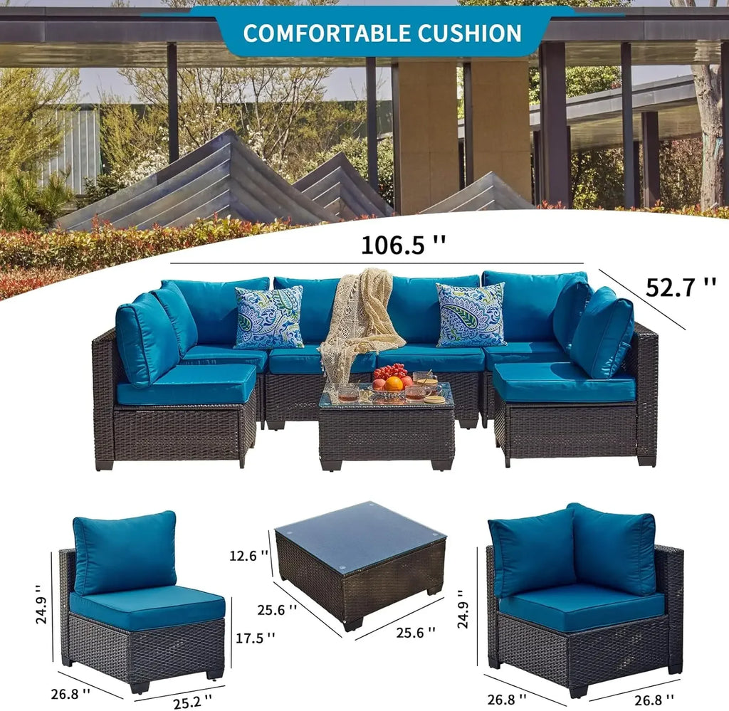 7 Pieces Outdoor Patio Furniture Sets, PE Rattan Wicker Patio Conversation Set with Tea Table - Clikcy