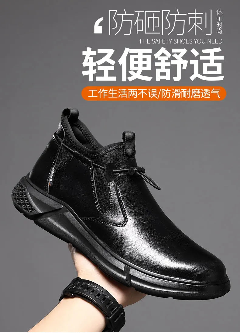 Black Leather Men Waterproof Shoes Work Safety Shoes Steel Toe  Men Sneakers Wear-resistant Indestructible Construction Man Boot