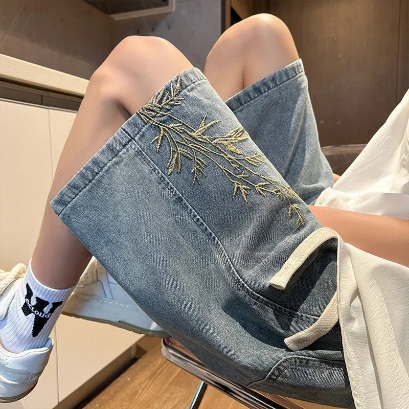 Summer Y2K Baggy Jorts For Men 2024 New Embroidered Short Jean Pants Vintage Wide Leg Bermuda Hip Hop Streetwear Denim Shorts - Clikcy