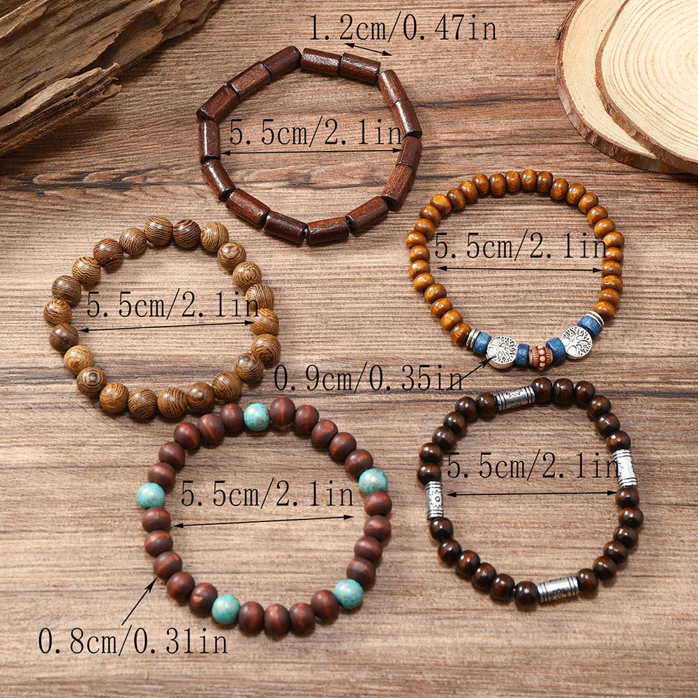 Cross Life Tree 5Pcs/set Vintage Bronze Ethnic Casual Wood Beads Feather Charm Leather Women Bracelets Men Male Jewelry - Clikcy