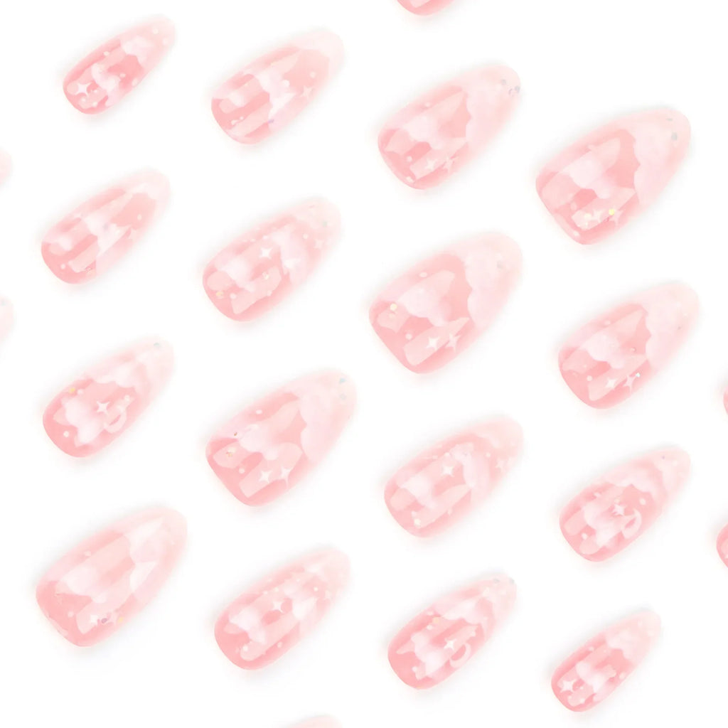 24Pcs Pink Cloud Sweet Star Moon Acrylic Nails Press on Almond Wearable Full Cover False Nails Art Tips Fingernail Beauty - Clikcy