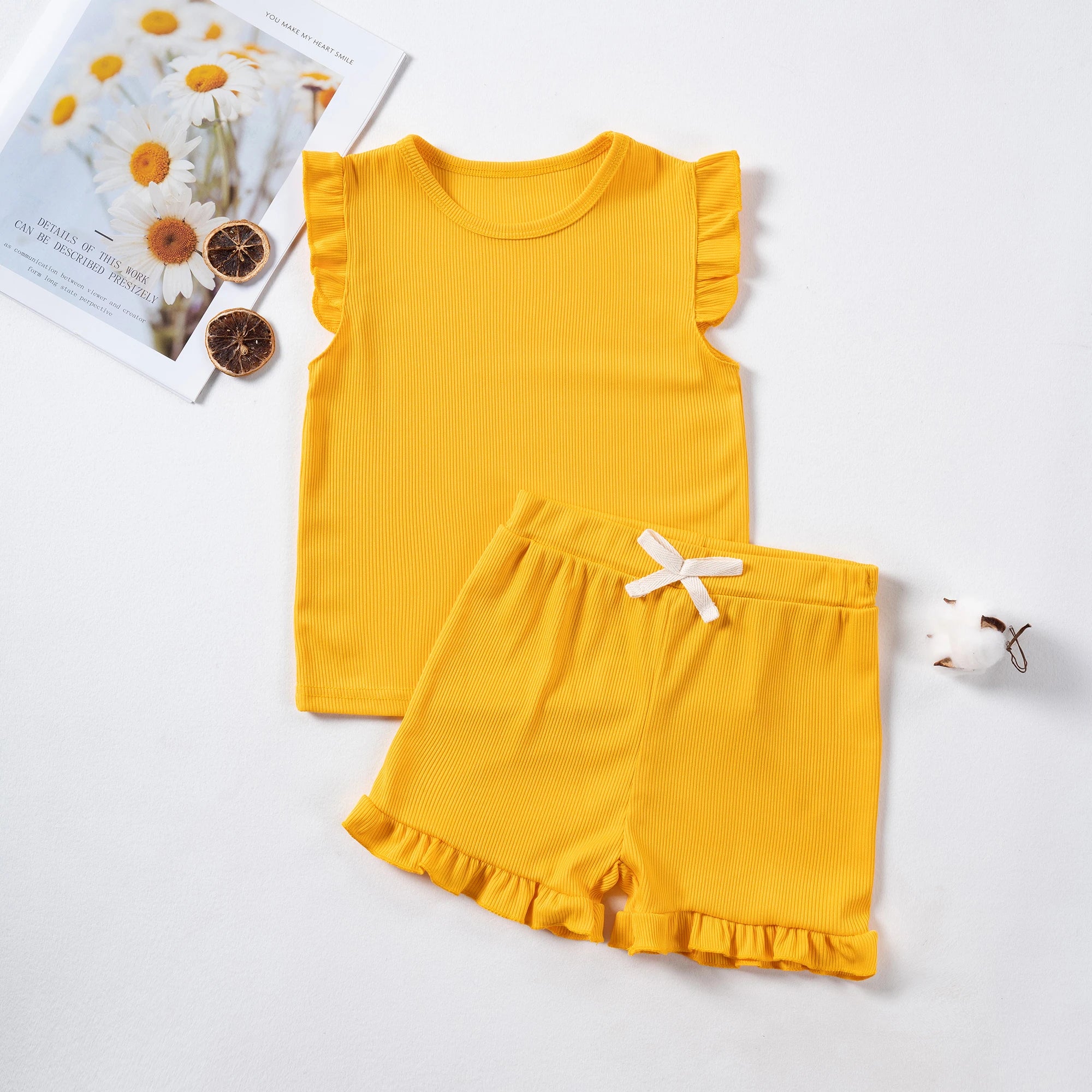 Summer Toddler Girl Ruffle Sleeve 2pcs Set Sleeveless T-shrits Top and Shorts Outfit for Kids Girls Solid Suit Clothing - Clikcy