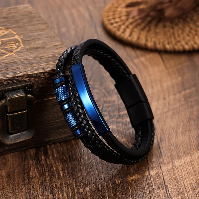 Chunky Leather Bracelets for Men Boys,Multi-layer Bracelets with Stainless Steel Bend Tag,Casual Jewelry Gift to Father Husband - Clikcy