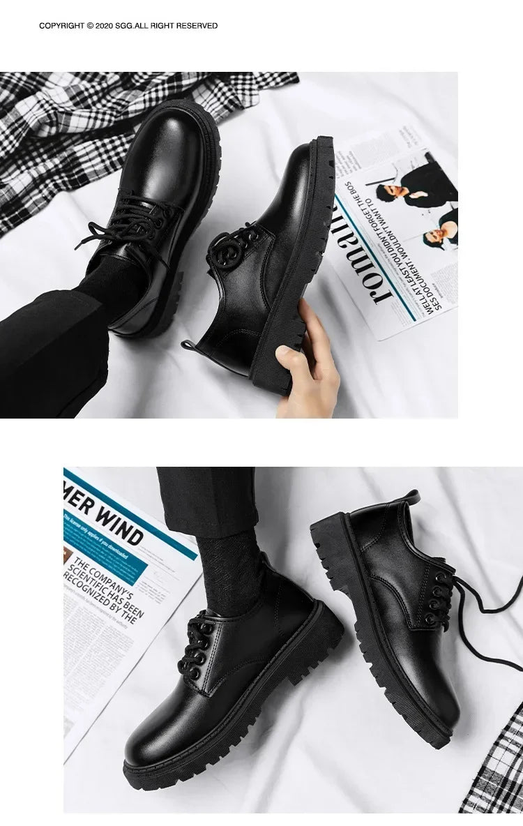 Casual Men's Pure Black Lace-up Height-increasing Business-style Low-heeled, Comfortable and Durable Small Leather Shoes