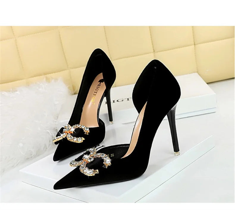 Fashion Women High Heel Rhinestone Buckle Bow Green Pink Pointed Toe Party Pumps Velvet Luxury Elegant Wedding Evening Shoes - Clikcy