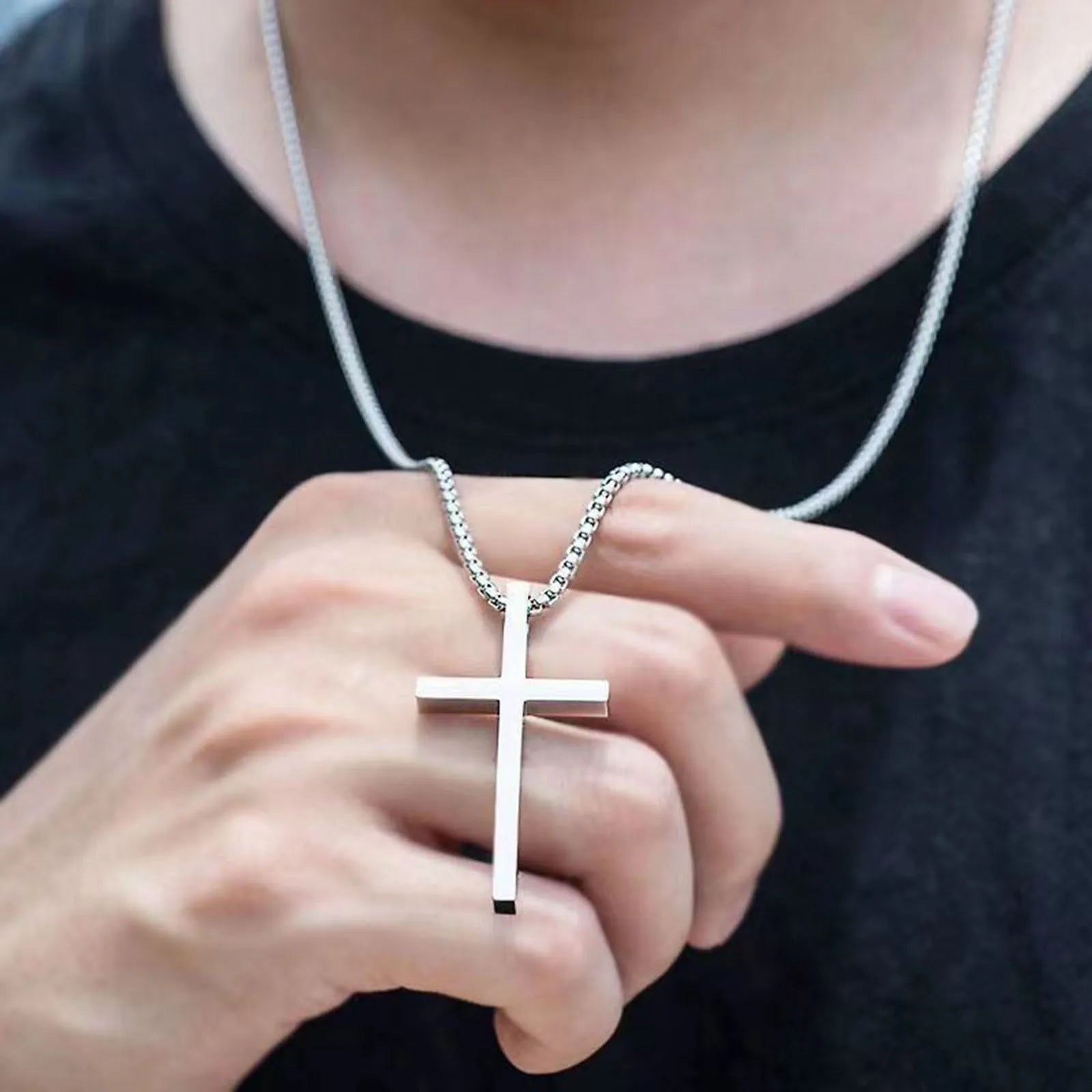 Vnox Cross Necklace for Men Women, Silver Color Plain Cross Pendant Collar with Stainless Steel Box Chain - Clikcy