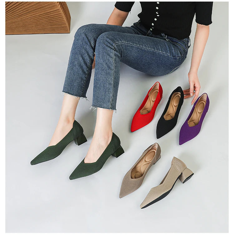 Women's large high-heeled shoes Multicolor pointy knit breathable comfortable anti-skid rubber sole work shoes 2023 new autumn - Clikcy