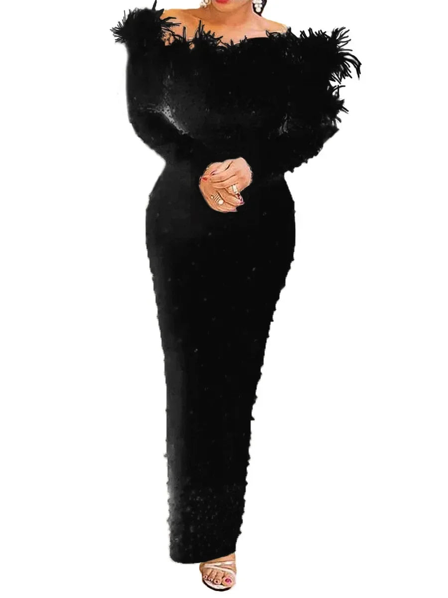 Beaded Sheath Sexy Dress Women Sexy Slash Collar Bodycon Midi Dress Solid High Waist Trend Off Shoulder Sheath Party Dresses - Clikcy