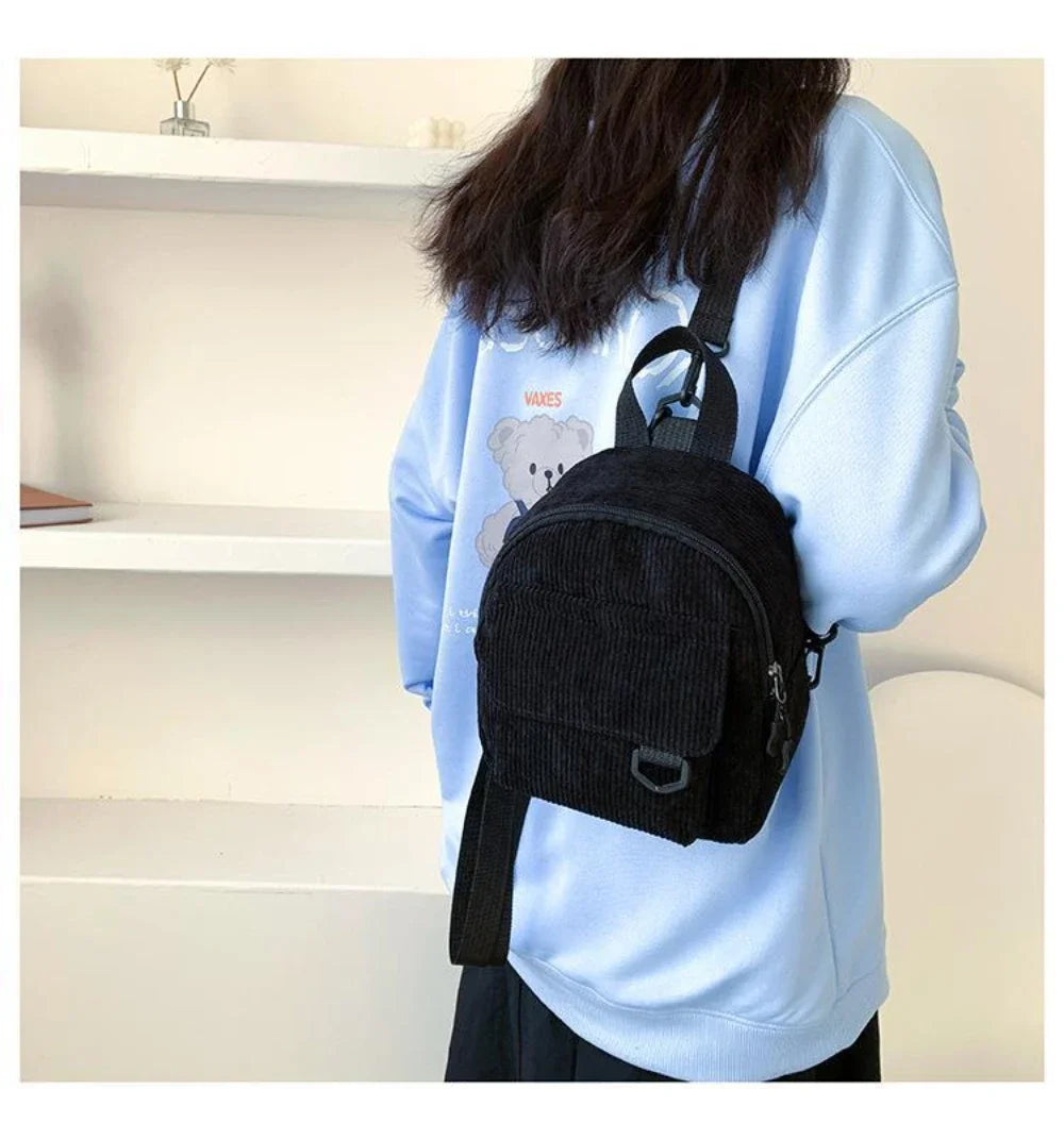 Women's Mini Backpack Fashion Solid Color Corduroy Small Simple Casual Traveling Large Capacity Durable Female's Schoolbag - Clikcy