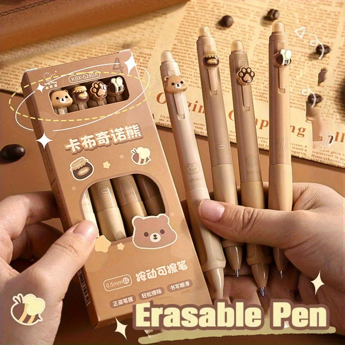 4pcs Cute Bear Erasable Pens, Retractable Erasable Pens, 0.5mm Black/Blue Ink Erasable Pens, Quick Drying Ink（Coffee&Purple） - Clikcy