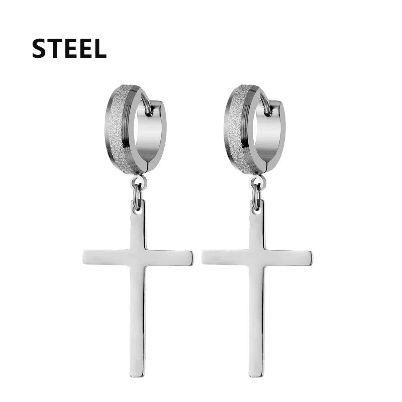 2pc Stainless Steel Men Cross Stars Punk Dangle Earrings Gothic Woman Cross Ear Hoop Earrings Huggies Pendant Piercing Jewelry - Clikcy