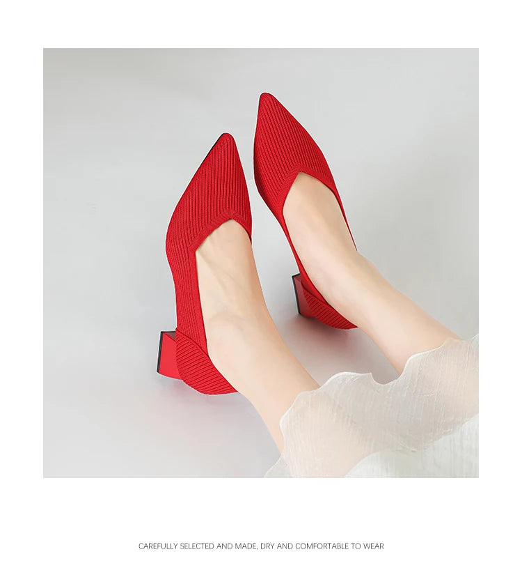 Women's large high-heeled shoes Multicolor pointy knit breathable comfortable anti-skid rubber sole work shoes 2023 new autumn - Clikcy