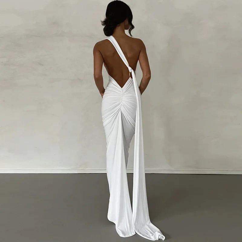 Womens Elegant Evening Party Cocktail Long Dress Sexy Backless Open Back Ruched Slim Bodycon Formal Wedding Guest Maxi Dress - Clikcy