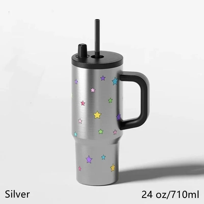 24oz Portability Tumbler with Handle Straw Lid Large Volume Stainless Steel Vacuum Insulated Cup Keep Cold Travel Mug - Clikcy