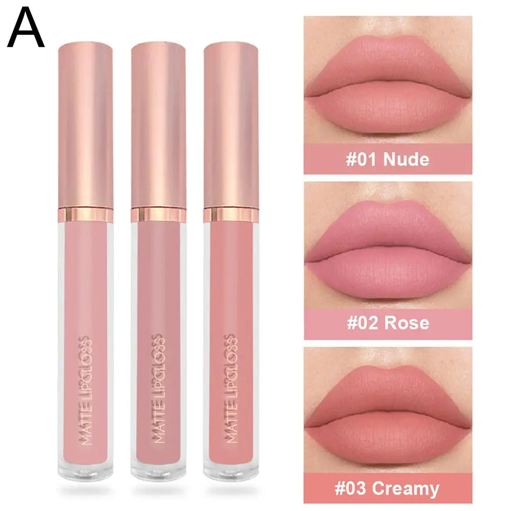 3Pcs Matte Liquid Lipstick Lip Makeup Kit Lip Gloss Lip Glaze Lip Mud Three Sets Of Velvet Mist Lipstick Non-fading - Clikcy