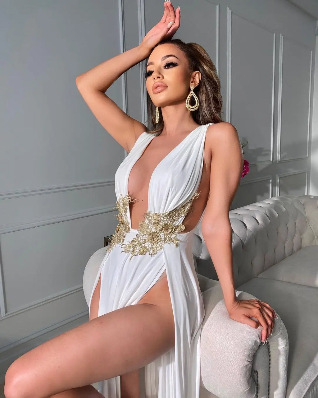 Sexy Deep V Neck High Split Evening Cocktail Maxi Dress Women Backless Embroidery Beading Long Formal Wedding Party Dress