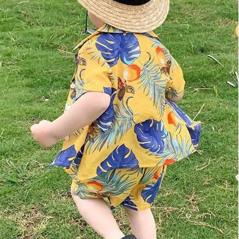 1 Set Boys Girls Beach Wind Suit Children's Short-Sleeved Printed Shirt + Shorts Suit Children's Cute Summer Thin Baby Clothes - Clikcy