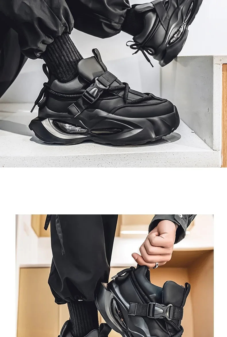 Waterproof Thick Bottom Dad Shoes Outdoor Sports Black Leather Surface Pure Color Spring Autumn Seasonal Style Casual Sneakers