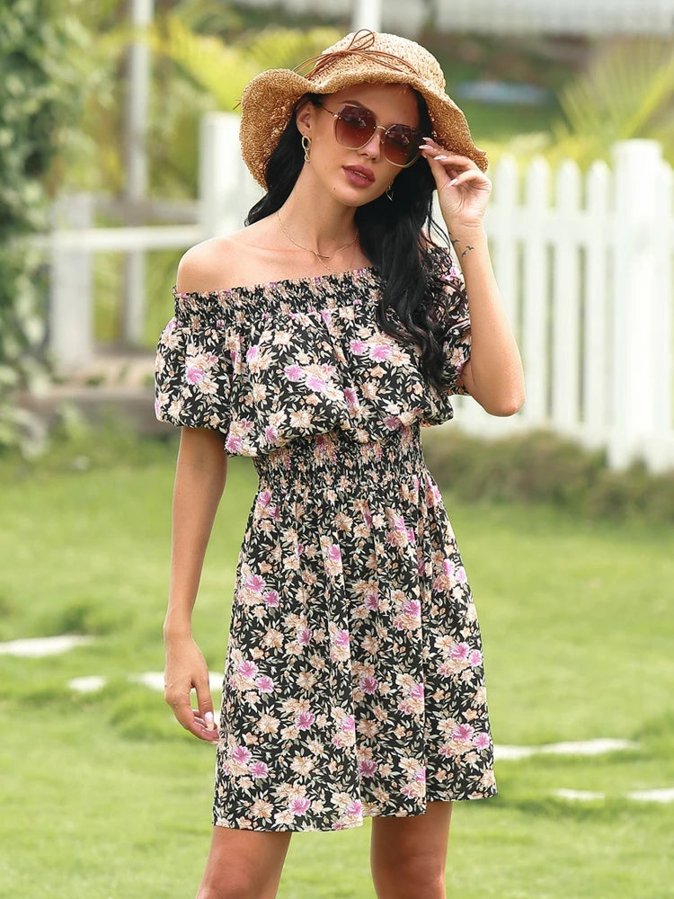 2025 Spring and Summer New Women's Random Printed Pullover Dress One Collar Midi Dress Beach Seaside Holiday - Clikcy