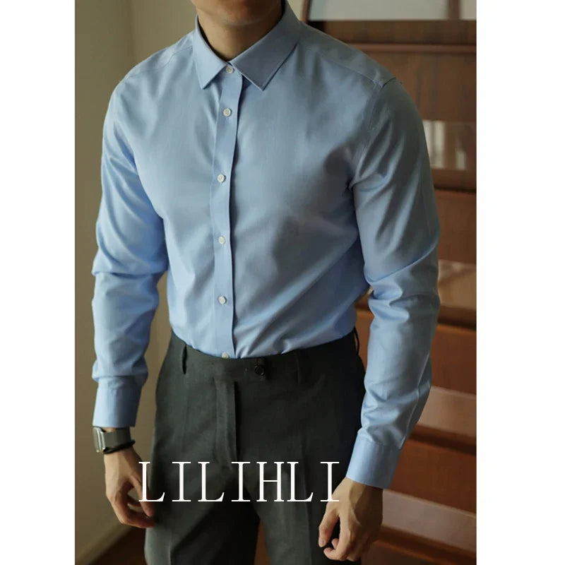 Men's long sleeved shirt casual, simple, high-quality, wrinkle free, slim fit, business formal, all season collection