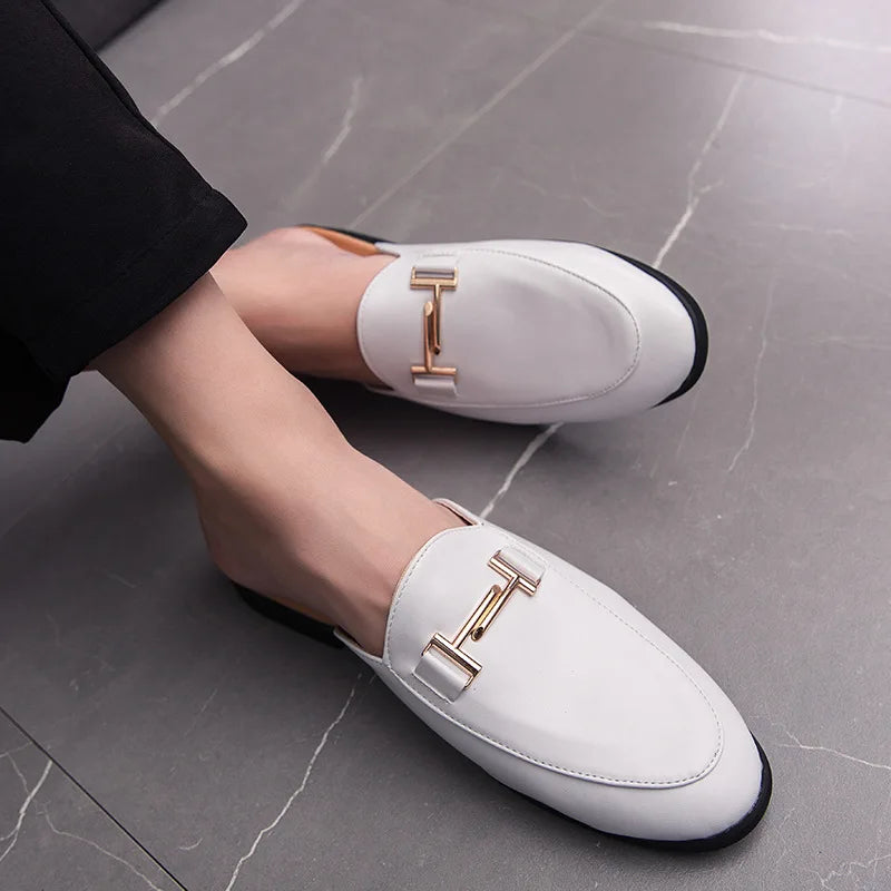 White Slip on Shoes Men Mules Leather Shoes Man Classic Black Half Shoes for Men 2025 Mules Homme Chaussure Homme Mule Masculino