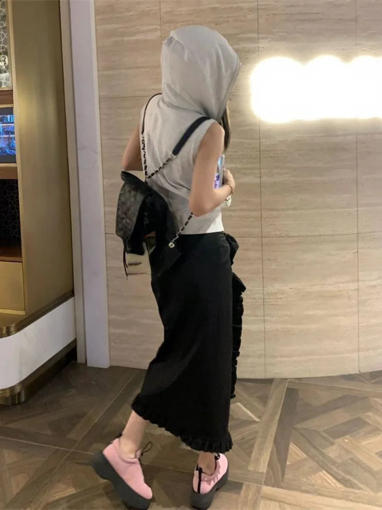 2024 Zipper Pocket Design Women Crop Top Y2k Aesthetic Vintage Grunge Solid Hoodies Japanese Streetwear Hooded Tee Shirts Summer - Clikcy