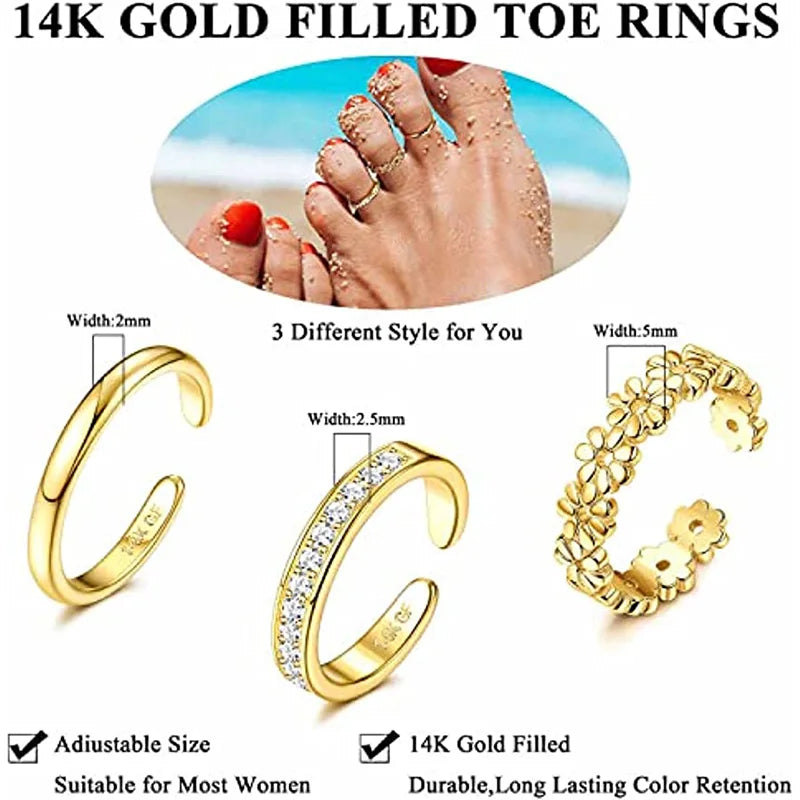 3PCS Filled Toe Rings Set for Women 14K Gold Plating Adjustable Simple CZ Flower Ring Summer Beach Jewelry - Clikcy