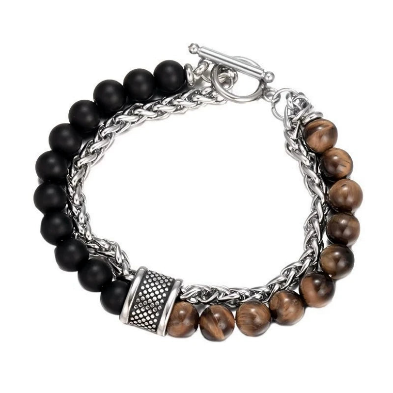 Natural Stone Tiger Eye Stainless Steel Chain OT Button Double Bead Bracelet For Men Hand Chain Accessories 2025 New - Clikcy