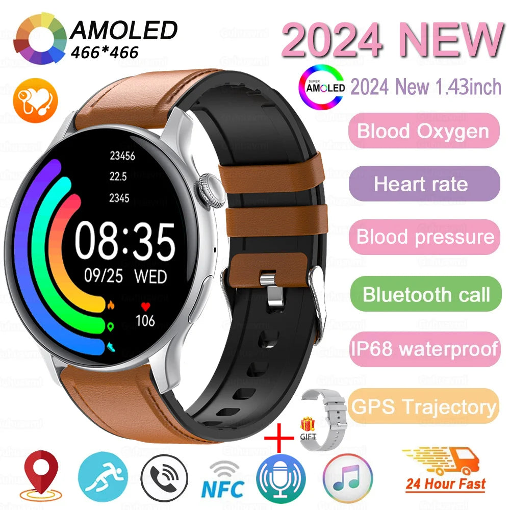 2024 New GPS Smart Watch Women True AMOLED 466*466 HD Screen Health Tracker Sports NFC Voice Bluetooth Call Smartwatches Ladies