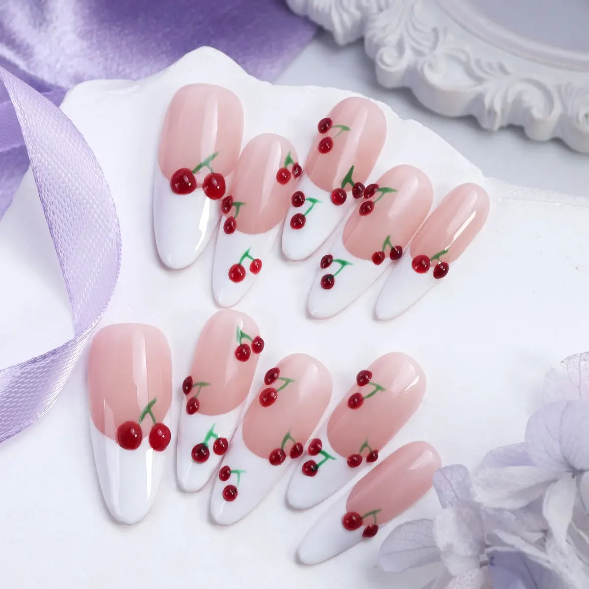 10pcs Y2K Removable Handmade Press on Nails Hand Painted Cherry Pattern Design Fake Nails Cute White Sweet Almond Patch Nail - Clikcy