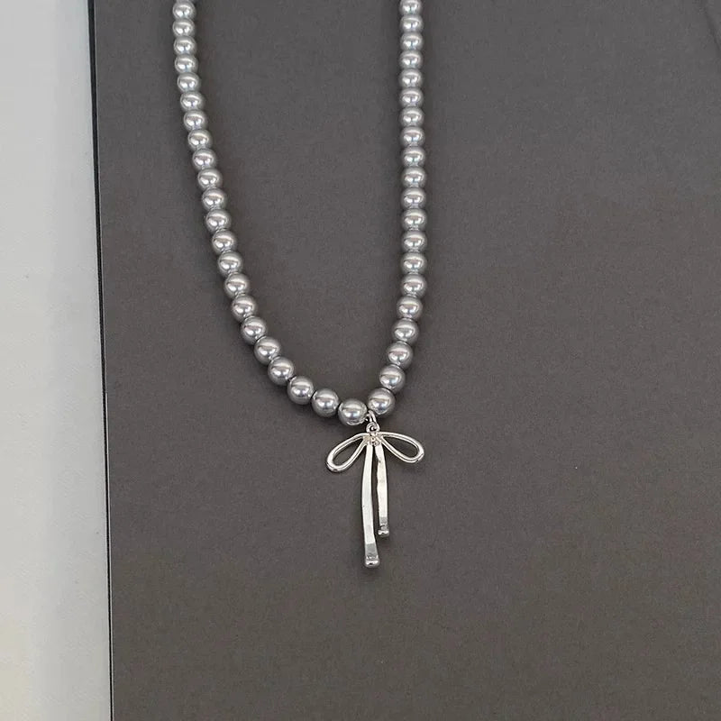LATS Gray Pearls Bowknot Pendant Necklace for Women Girls Graceful Butterfly Choker Chain Jewelry Gift Accessories - Clikcy