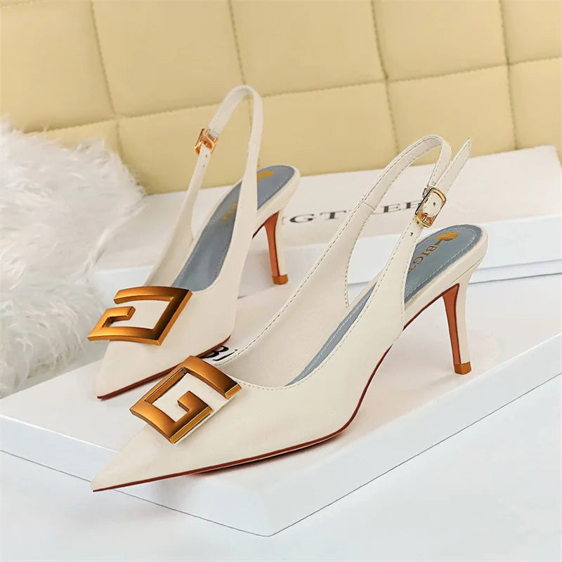 Metal Square Buckle Thin Heel Party Shoes Black Green White Woman Pointed Toe Hollow Back Strap Pumps Middle Heel Sandals - Clikcy