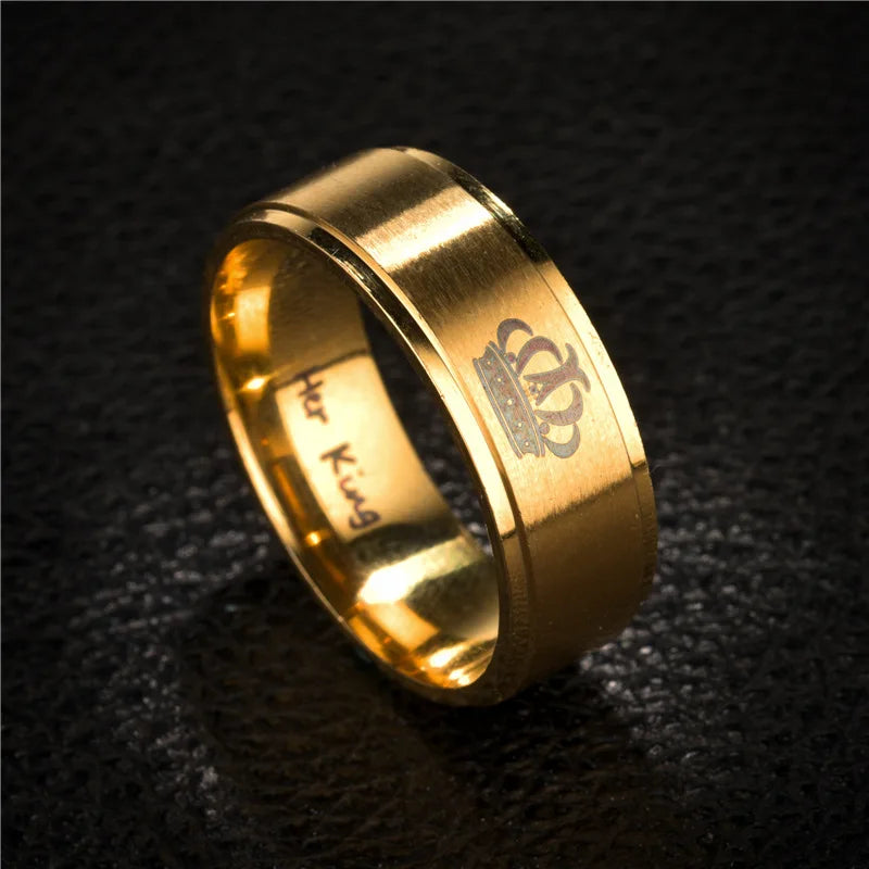 Gold Colour King Queen Crown Stainless Steel Couple Rings for Lovers Promise Men Women Valentine's Day Gifts - Clikcy
