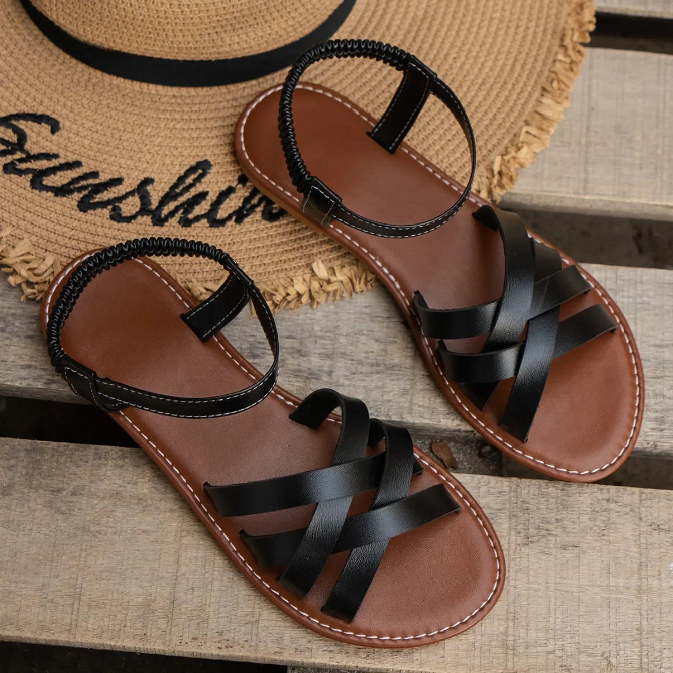 Women Flat Sandals 2024 Summer Hot Women Sandals Bottom Roman Strap Sandals with Non Slip Rubber Soles Ladies Daily Sandalia - Clikcy
