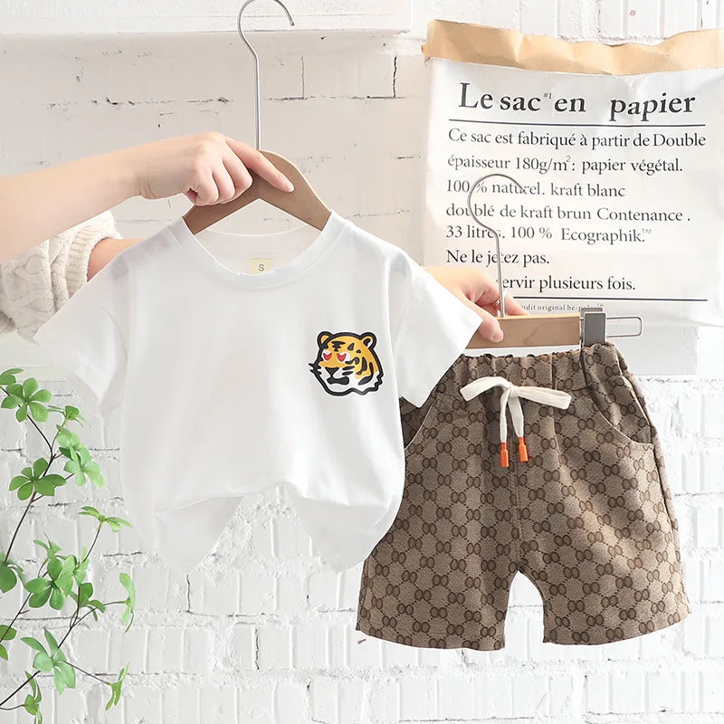 1 2 3 4 5 Years Summer Boys Clothing Set Tiger Pattern T-shirt + Grid Design Shorts 2Pcs Suit For Kids Casual Children Outfit - Clikcy