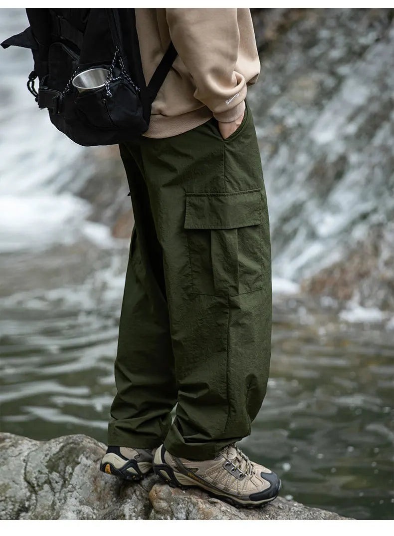TFETTERS 2025 Autumn Casual Pants Men Waterproof  Thin Mid Waist Solid Color Men Cargo Pants Tourism Outdoors Riding Trousers - Clikcy