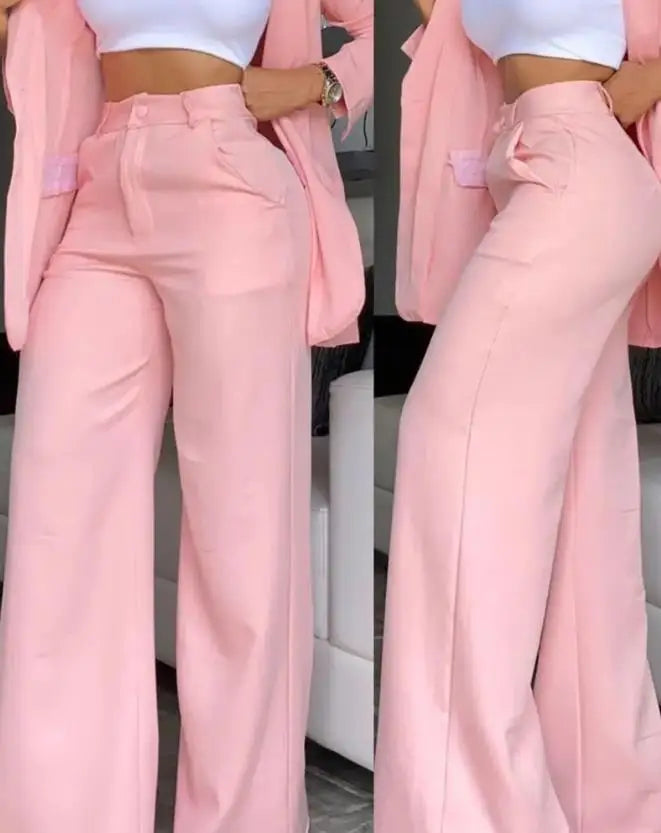 Women's Urban Suits 2024 Spring/Summer Latest Elegant Notched Collar Blazer Long sleeved Coat&Pocket Design Button Pants Set - Clikcy