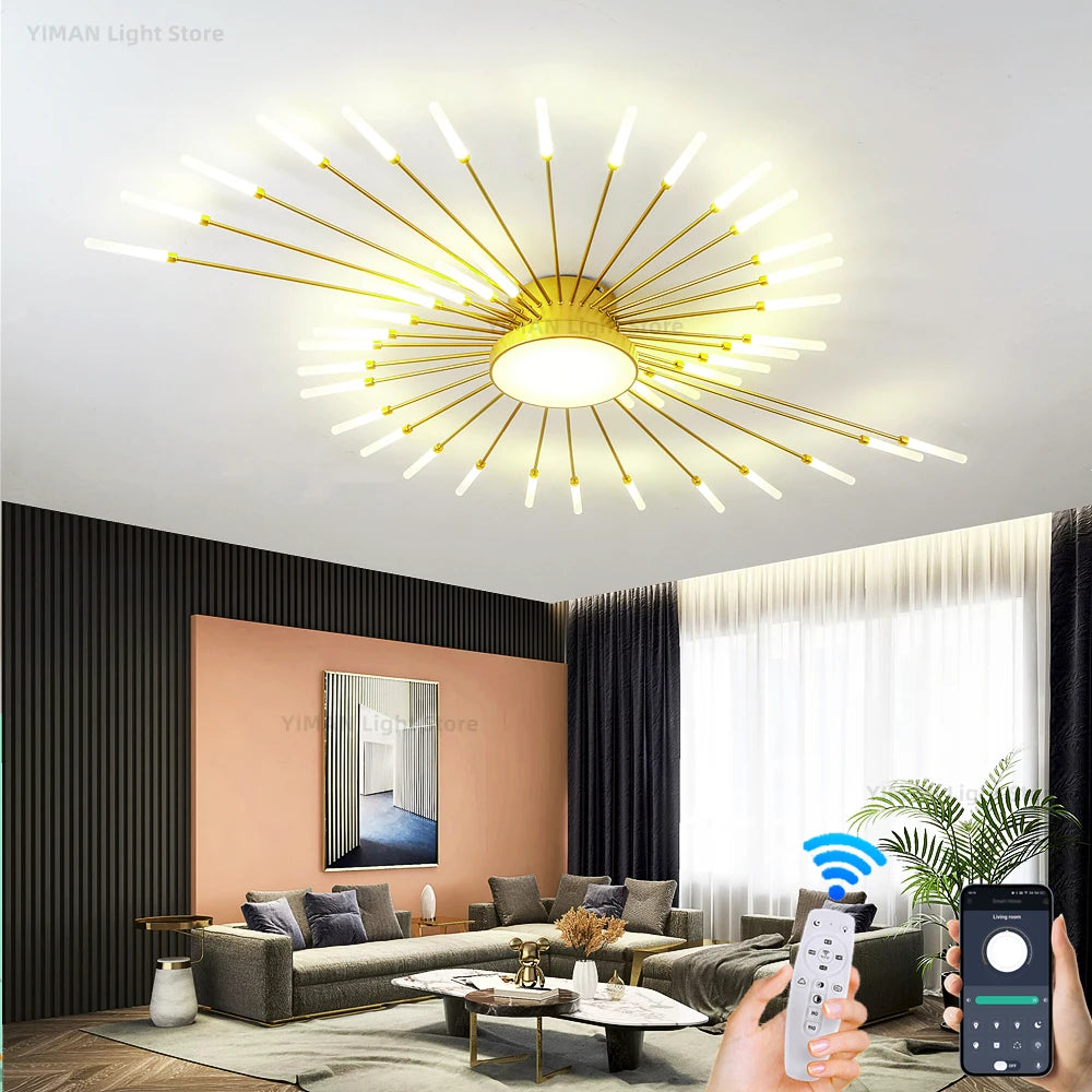 Led Firework Chandelier Dimmable For Living Room Bedroom Milk Yellow Ceiling Chandelier Dining Room LED Ceiling Lamp With Remote - Clikcy
