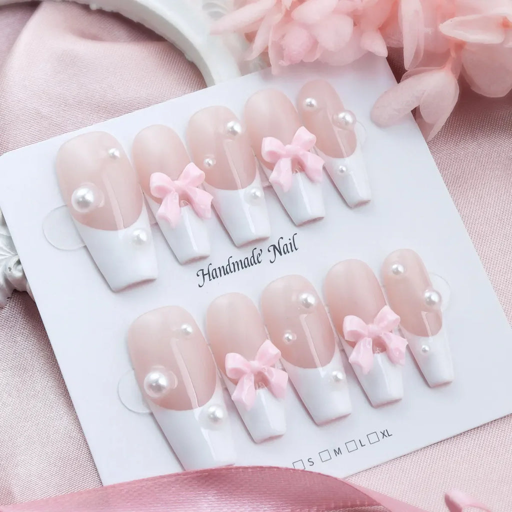 10pcs Y2K Removable Handmade Press on Nails Hand Painted Cherry Pattern Design Fake Nails Cute White Sweet Almond Patch Nail - Clikcy