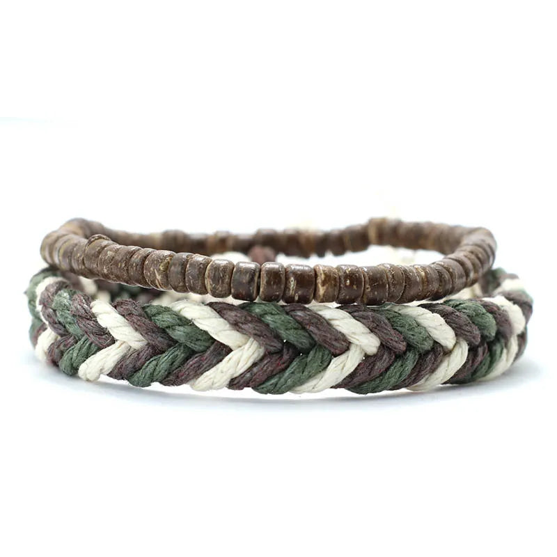 New 2Pcs Natural Coconut Husk Wood Bracelet Set For Men Lava Tiger Eyes Stone Beaded Brazalete Homme Handmade Rope Braslet Joias - Clikcy