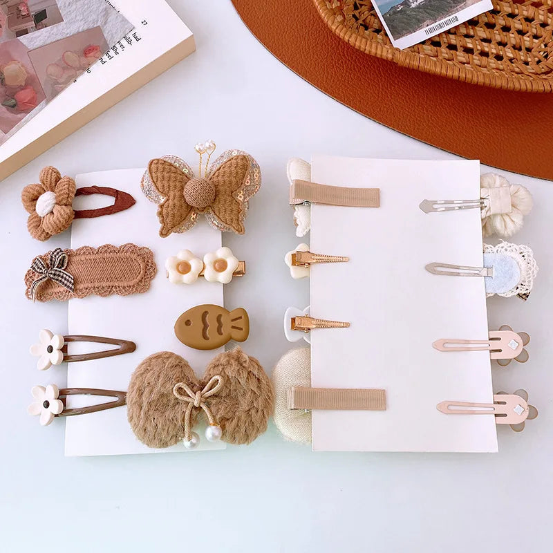 8pcs/set Sweet Girl Hair Clip Cartoon Bear Floral Bowknot Hair Pin for Toddler Girls Lovely Beige Coffee Color Kid baby Headwear - Clikcy
