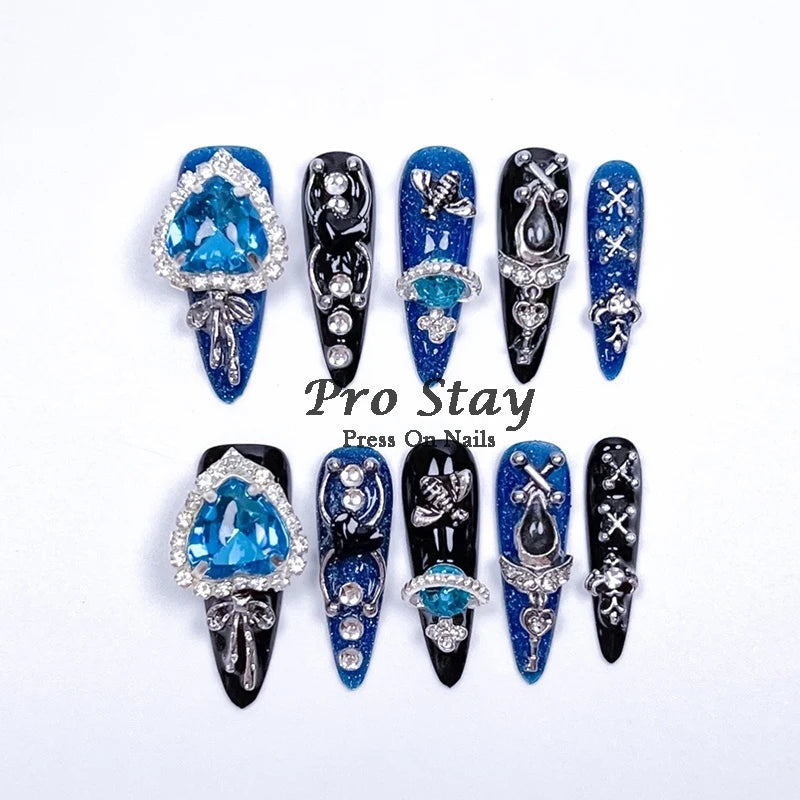 10Pcs Y2K Handmade Press On Nails Black Blue Heart Cross Designs for Parties Weddings Daily Wearable Artificial False Nail - Clikcy