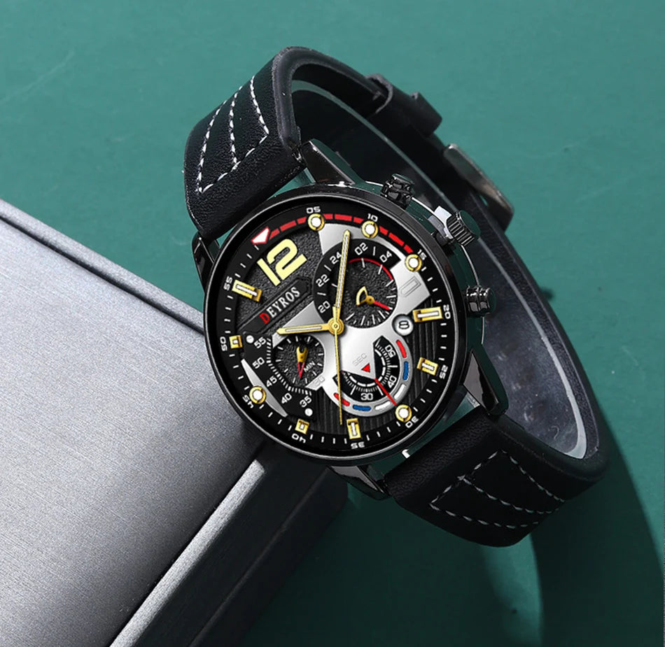 3PCS Set Fashion Mens Watches Luxury Black Leather Quartz Wristwatch Calendar Date Men Business Casual Watch Bracelet Necklace - Clikcy