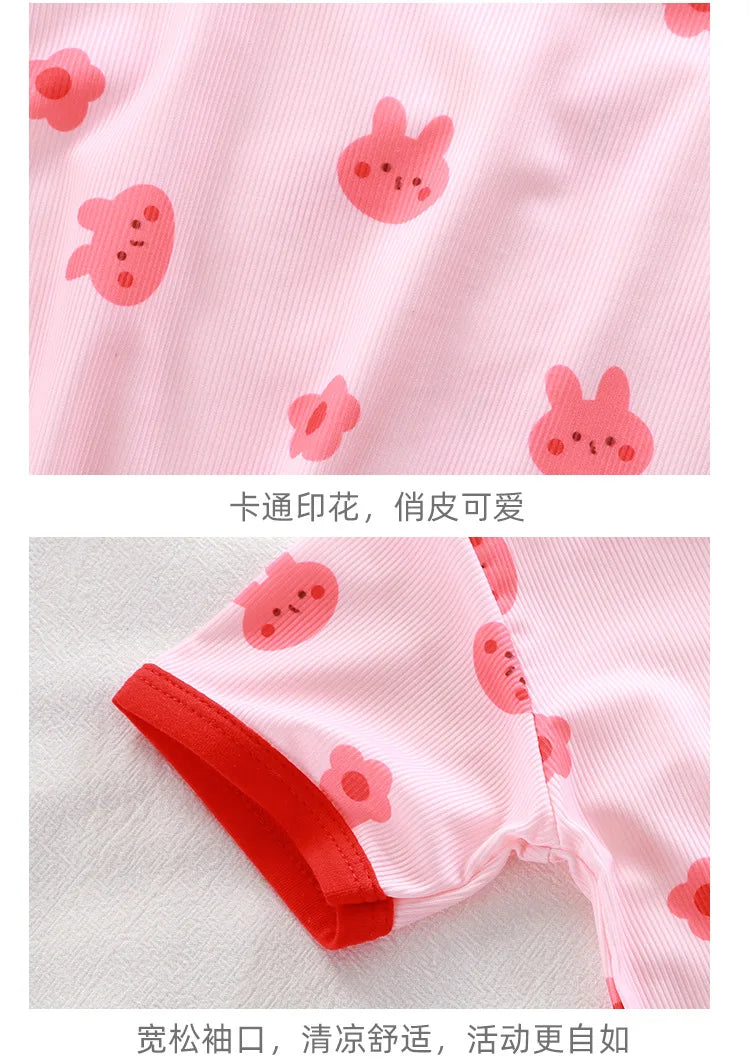 2024 New Boys Girls Summer Thin Clothing Sets Kids Cute Cartoon Print Short Sleeve T-Shirt Tops with Shorts Toddler Baby Pajamas - Clikcy