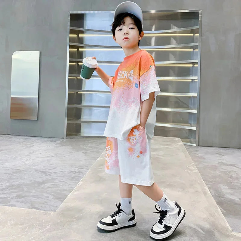 Boys Clothes Sets Teenager Summer Short-sleeved Suit New children's Gradient T-shirt+shorts 2Pcs Outfits Kids Casual Sports Set - Clikcy