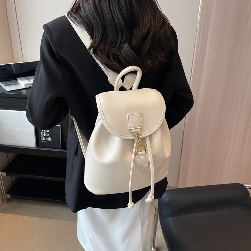 Genuine PU Leather Backpack Female Large Capacity Casual School Bag Solid Drawstring Travel Shoulder Bag Korean Fashion Backpack - Clikcy