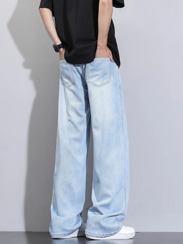 Summer Lyocell Jeans Men Korean Fashion Wide Leg Straight Denim Pants Light and Thin Cool Baggy Jeans Trousers - Clikcy